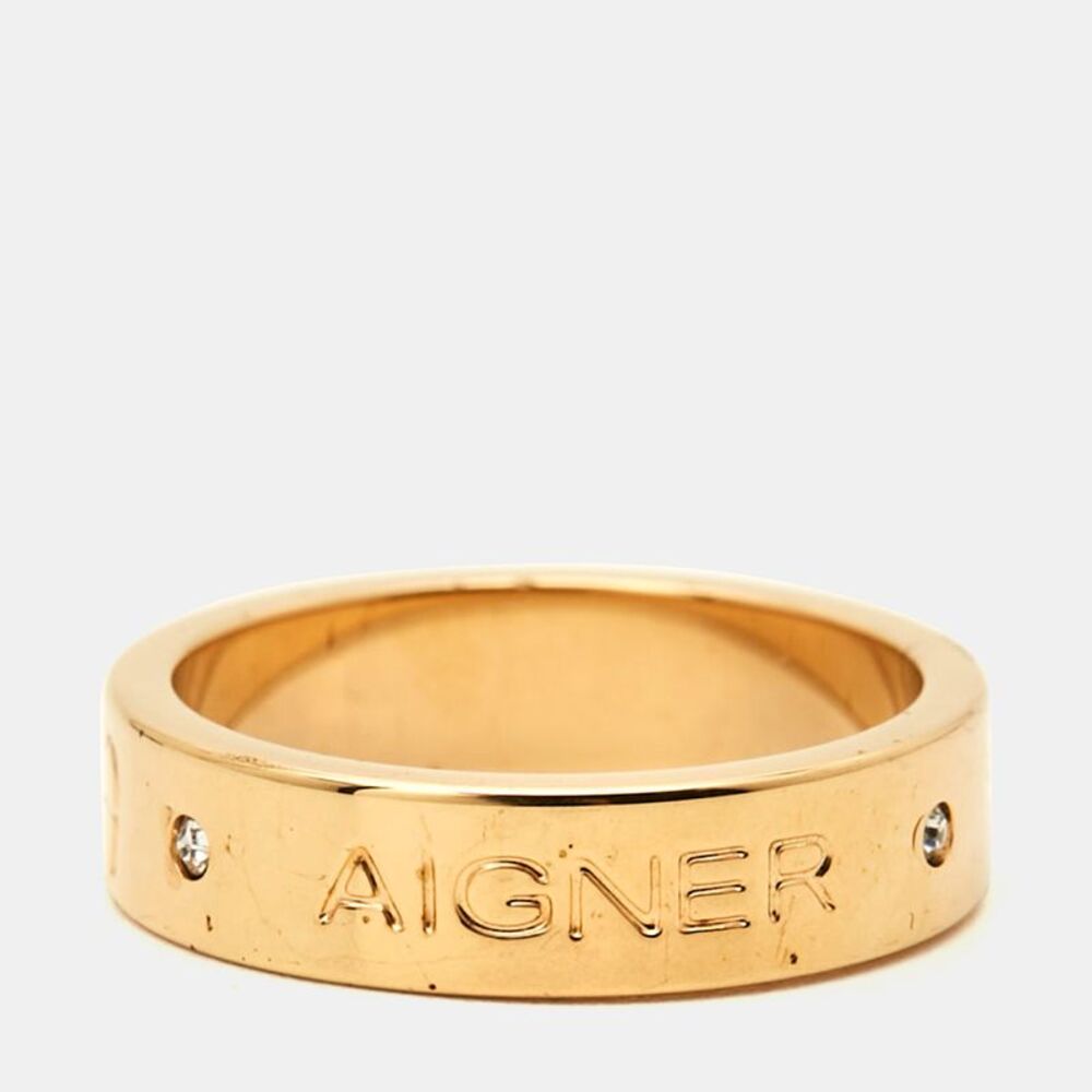 Aigner Logo Crystals Rose Gold Tone Ring Size 55